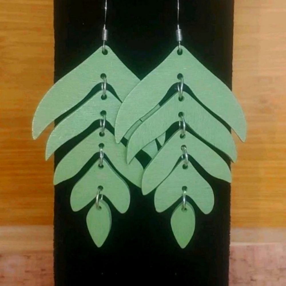 Green Leaf Wooden Boho Dangle Earrings Length 3"